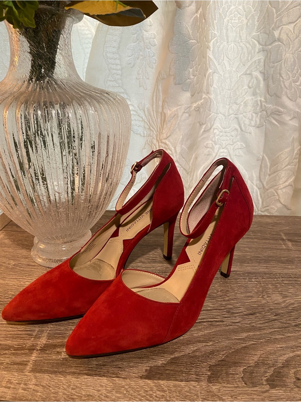 Adrienne Vittadini Red Suede Pointed-Toe Ankle-Strap Heels